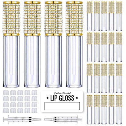 AMORIX 24 Pack Gold Crystal Lip Gloss Tubes with Wand 5ml Empty Lip Gloss Containers Lipgloss Bottles with Stoppers 2pcs Syringes + Labels for DIY Lip Gloss Balm