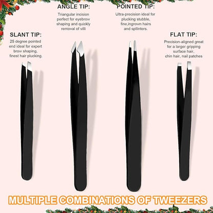Yougai Tweezers Set,9 Pcs Professional Stainless Steel Nail Clippers and Tweezer Kit for Women and Men, Great Precision Tweezers No Gaps with Leather Travel Case