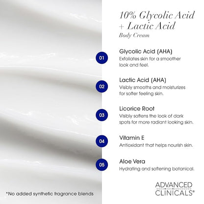 Advanced Clinicals 10% Glycolic Acid + Lactic Acid Lotion Exfoliant Moisturizing Cream With Hyaluronic Acid Moisturizer | AHA Exfoliating Body Cream Improves Look Of Uneven Rough Skin Texture, 2-Pack