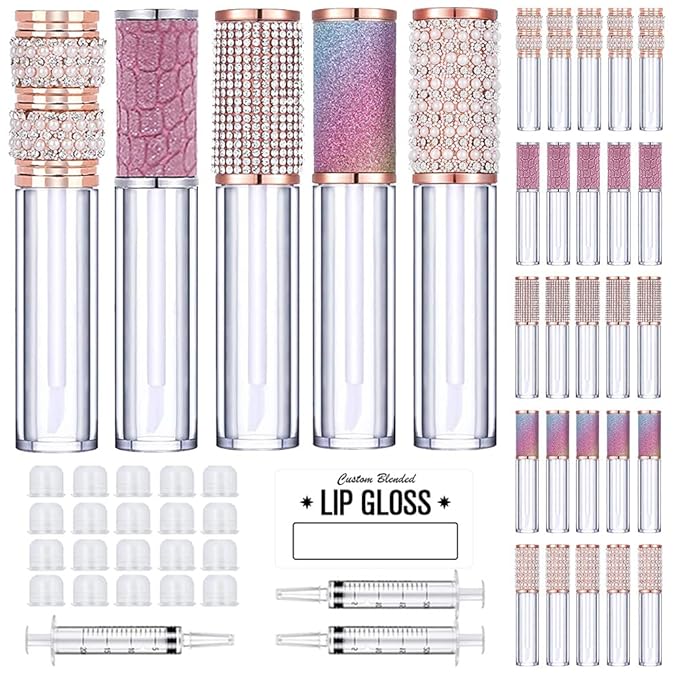 AMORIX 25 Pack Diamond Lip Gloss Tubes with Wand 5ml Empty Rhinestone Lip Gloss Containers Cute Lipgloss Bottles Crystal Lip Gloss Supplies Kit + 2pcs Syringes + Labels for DIY Lip Gloss Base