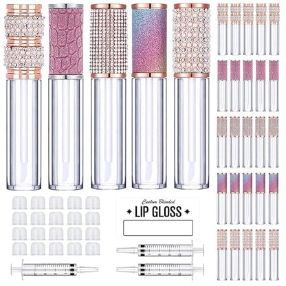 AMORIX 25 Pack Diamond Lip Gloss Tubes with Wand 5ml Empty Rhinestone Lip Gloss Containers Cute Lipgloss Bottles Crystal Lip Gloss Supplies Kit + 2pcs Syringes + Labels for DIY Lip Gloss Base