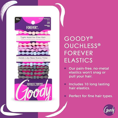 Goody Ouchless Forever Hair Elastics, 10 Ct, Assorted Colors, Damage-Free Bands, 3X Stronger Elastic Ties, Retainable Shape, 16 Strand Inner Core, Styling Accessories for Women & Men, All Hair Types