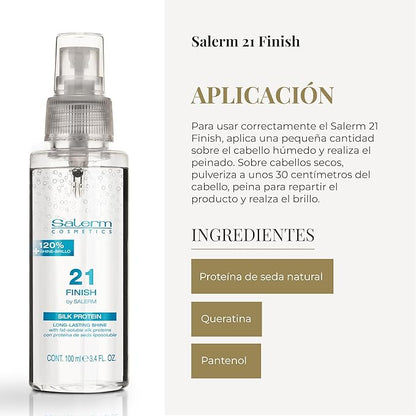 SALERM - Illuminating Hair Spray - Salerm 21 Finish - 100 ml - with Silk Proteins - Final Illuminating Touch - Hydrates and Adds Shine to Hair - Immediate Result - Heat Protector