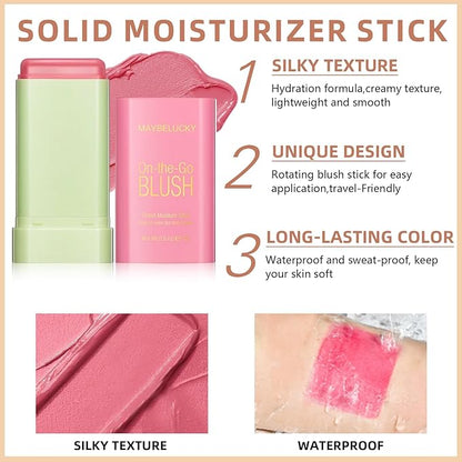 Cream Blush Stick for Cheeks, Multi-Use Makeup Blush Brush-Shy Pink