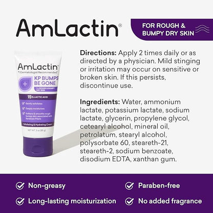 AmLactin KP Bumps Be Gone - 3 oz Keratosis Pilaris Moisturizing Cream with 15% Lactic Acid - Exfoliator and Moisturizer for Dry, Rough and Bumpy Skin, Pack of 2 (Packaging May Vary)