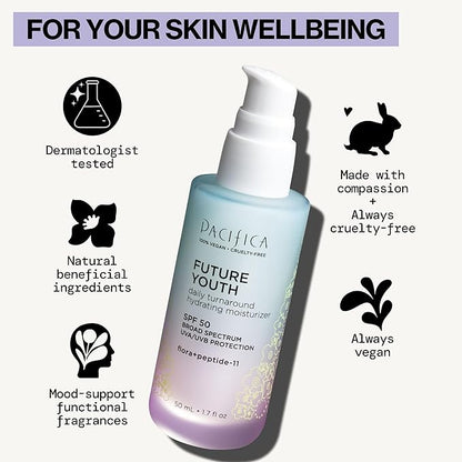 Pacifica Peptide Face Moisturizer Future Youth Daily Turnaround Hydrating, SPF 50 Broad Spectrum, UVA/UVB Sun Protection, Sunscreen, Face Moisturizer, Anti-Aging, Vegan, 1.7 fl oz (1 Count)