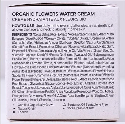 Whamisa Organic Flowers Water Cream, 95.2% Organic, Waterless Formula, Fermented Postbiotic for Deep Hydration & Soothing, Moisturizing (50ml)