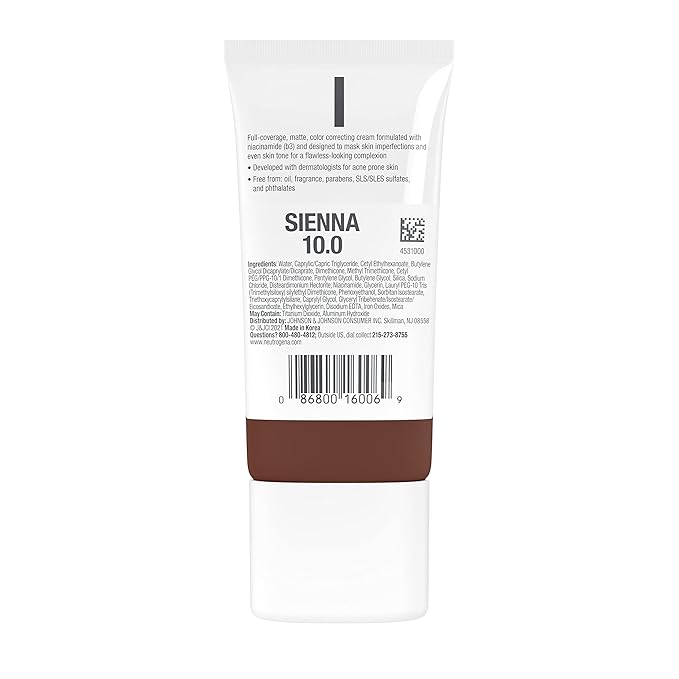 Neutrogena Clear Coverage Flawless Matte CC Cream, Full-Coverage Free, Sienna, 1 oz