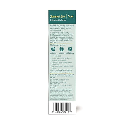 Summer's Eve Spa Daily Intimate Beauty, Luxurious Skin Serum, Post Shave Fragrance Free Women’s Hydrating Serum, 1oz Tube