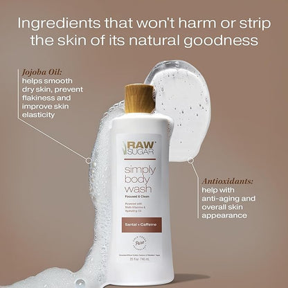 RAW SUGAR Simply Body Wash - Santal + Caffeine (25 Fl Oz, Pack of 1) Moisturizing & Soothing Bath & Shower Gel, Formulated without Sulfates & Parabens, Vegan