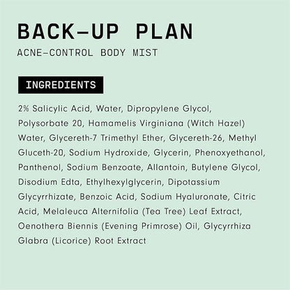 Versed Back-Up Acne Control Body Mist - All Over Blemish Spot Treatment + Salicylic Acid Spray with Tea Tree Oil & Witch Hazel - Oil Control + Redness Relief Acne Spray for Back & Body - Vegan (3 oz)