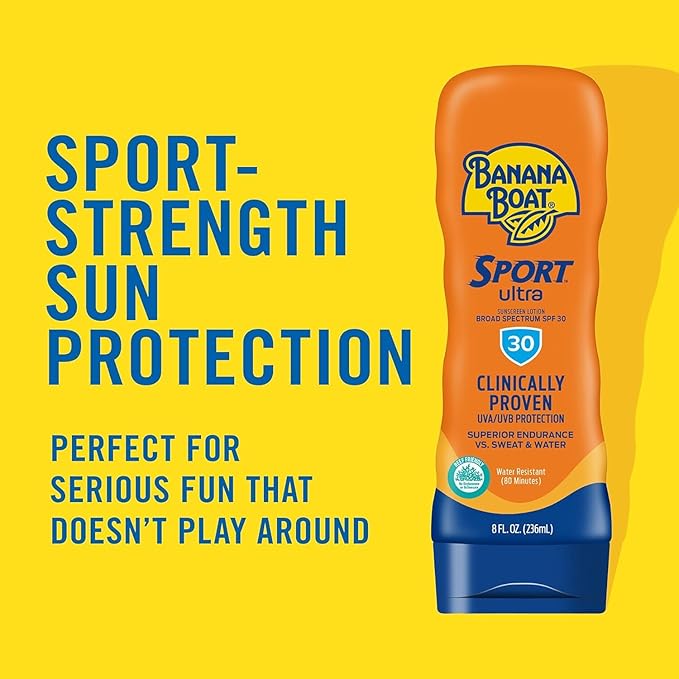 Banana Boat Water Resistant Sport Performance Broad Spectrum SPF 30 Sunscreen Lotion, Swim Splash Sport - Up to 80 Minutes Water Resistant, 8 Fl Oz (Pack of 2)
