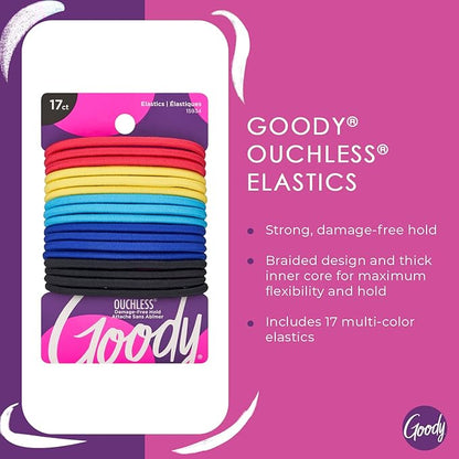 Goody Ouchless Elastic Hair Tie - 17 Count, Assorted Colors - 4MM for Medium Hair - Pain-Free Hair Accessories for Men, Women, Boys, and Girls - Perfect for Long Lasting Braids, Ponytails, (Pack of 3)