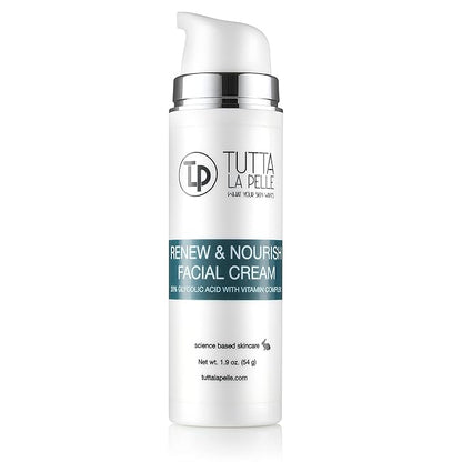 Glycolic Acid Cream 20% AHA Facial Cream, Vitamin Complex – Acne Cream, q10 Anti Aging wrinkle cream, KP - Keratosis pilaris / Fine Line Cream - Day and Night Cream - Oil Free - Renew & Nourish 1.9 oz