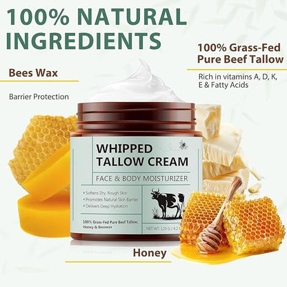 4.2oz Grass Fed Beef Tallow for Women and Girls, Organic Grass Fed and Finished Tallow For Skin - Face & Body(Unscented)