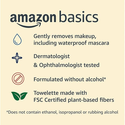 Amazon Basics Make Up Remover Wipes, Fragrance Free, 25 Count, Pack of 6 (Previously Solimo)