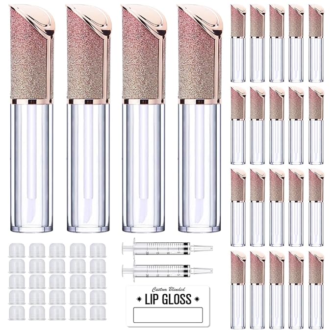 AMORIX 24 Pack 5ml Lip Gloss Tubes with Wand Lip Gloss Containers Lipgloss Supplies Kit with 2pcs Syringes + Labels for DIY Lip Gloss