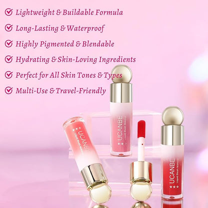 UCANBE 3PCS Liquid Blush Makeup Set – Dewy Cream Cheek Tint for Face – Blendable Long-Lasting Lightweight Natural Flushed Look (Cherry Red, Cool Pink, Light Orange)