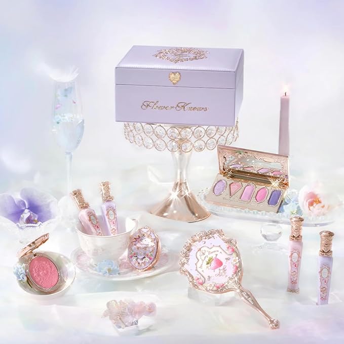 Flower Knows Violet Strawberry Rococo Makeup Box Set, 7 Pack Makeup Box with Mirror, Lip Gloss2, Blush2, Blush Brush1, Hair Clip1, Gift Box1