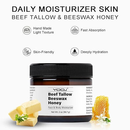 Beef Tallow and Honey Face Moisturizer for Face & Body - Organic Beef Tallow Moisturizer with Tallow and Beeswax & Honey, Beef Tallow for Skin Intensive Hydration - Vitamins(B1, A, D E & K) 2oz