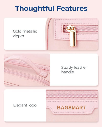 BAGSMART Travel Makeup Bag Large Capacity Cosmetic Bag, Wide-open Portable Make Up Bag Organizer for Women for Travel Essentials Toiletries Accessories Bottles, Brushes, Pink
