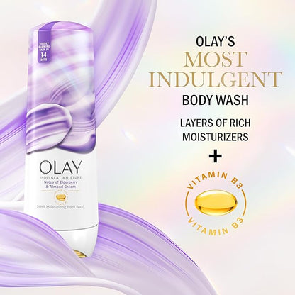 Olay Body Wash for Women, Indulgent Moisture, 24hr Moisturizing & Nourishing Formula, Infused with Vitamin B3 Complex, Luxurious Fragrances, Elderberry & Almond Cream Scent, 20 fl oz