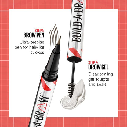 Maybelline Build-A-Brow 2-in-1 Brow Pen and Sealing Eyebrow Gel, Eyebrow Makeup for Real-Looking, Fuller Brows, Deep Brown, 1 Count
