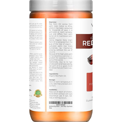 velona USDA Certified Organic Red Palm Oil 32 Fl Oz | Food and Cosmetic Grade | in jar | Extra Virgin, Cold Pressed | Skin, Face, Body, Hair Care | Use Today - Enjoy Results