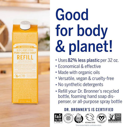 Dr. Bronner's Pure-Castile Magic Soap Liquid, Citrus, Made with Organic Oils for Body, Face, Hair, Dishes, Laundry Vegan, Natural, Non-GMO, Biodegradable, 18-in-1 Multi-Use - Citrus, 32oz + Refill