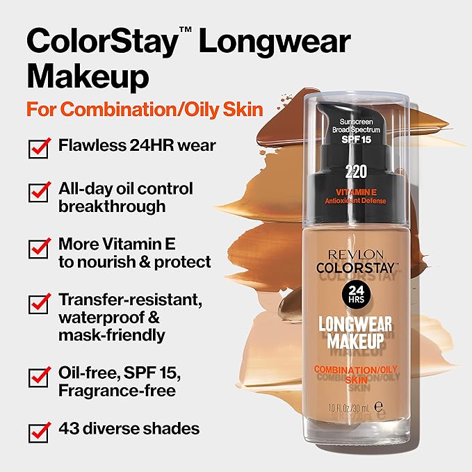 Revlon Liquid Foundation, ColorStay Face Makeup for Combination Beige (250), 1.0 oz