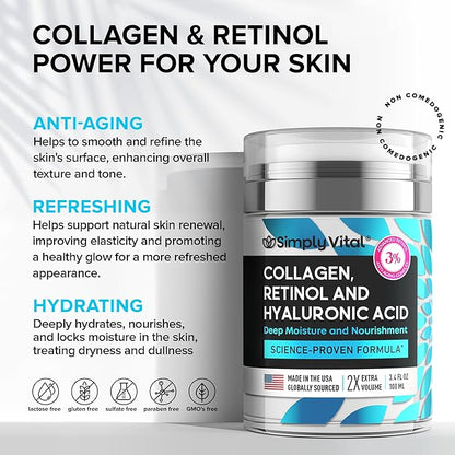 SimplyVital Collagen, Retinol & Hyaluronic Acid Cream - Anti-Aging Retinol Cream for Face, Neck & Décolleté - Made in USA - Daily Moisturizer Face Cream - 3,38 fl oz