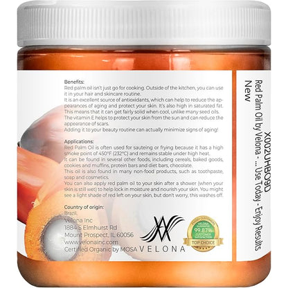 velona USDA Certified Organic Red Palm Oil 8 Fl Oz | Food and Cosmetic Grade | in jar | Extra Virgin, Cold Pressed | Skin, Face, Body, Hair Care | Use Today - Enjoy Result