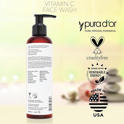PURA D'OR Vitamin C Face Wash (8oz x2 = 16oz) Antioxidant Rich Facial Cleanser For Radiant Glow & Even Skin Tone - Gentle, Refreshing, Nurturing, Hydrating, Sulfate & Paraben Free Formula