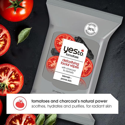 Yes To Face Wipes for Women and Men, Charcoal Facial Cleansing Wipes for use as a Make Up Remover, Cleaning, Soothing, Tomatoes (Pack of 2)