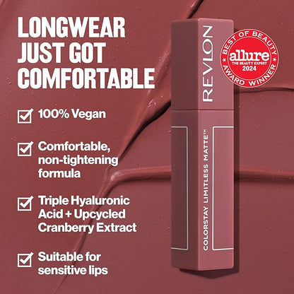 Revlon ColorStay Limitless Matte Liquid Lipstick, Vegan Formula, No-Budge, Longwear Lip Color, Long Lasting, Lightweight/Comfortable, Waterproof, 011 Fire Off, 0.17 fl oz