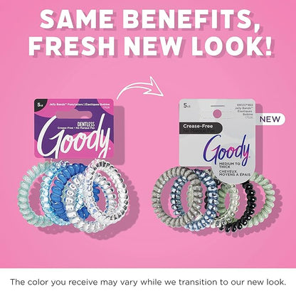 Goody Dentless Spiral Hair Ties, Cool Tones Phone Cord Coils - 5 Ct, Secure Hold Jelly Bands for Medium-Thick Hair for Women & Men