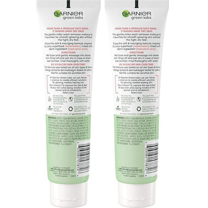 Garnier SkinActive Green Labs Hyalu-Melon Smoothing Milky Washable Cleanser with Hyaluronic Acid + Watermelon for Dehydrated Skin, Fine Lines, 2 Count (Packaging May Vary)