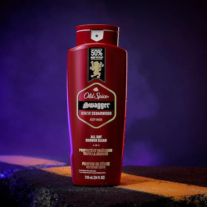 Old Spice Refreshing Body Wash for Men, 3X Defense, 24/7 Shower Fresh with Long Lasting Scent, Red Collection, Swagger with Cedarwood Scent, 24 oz (Pack of 4)