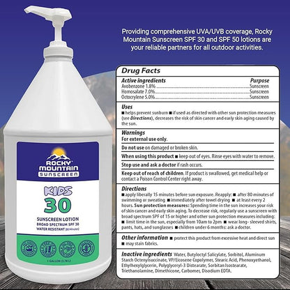Rocky Mountain Sunscreen | KIDS SPF 30 Lotion -Broad Spectrum UVA/UVB Protection | Hawaii 104 Reef Act Compliant (Oxybenzone & Octinoxate Free) | Water Resistant 80 Min. | Gallon with Pump (128 Fl Oz)
