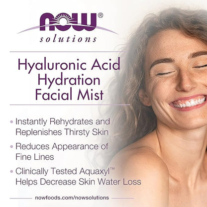 NOW Foods Solutions, Hyaluronic Acid Hydration Facial Mist with Aloe Vera and Cucumber Extracts, 4-Ounce