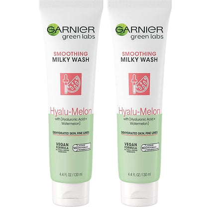 Garnier SkinActive Green Labs Hyalu-Melon Smoothing Milky Washable Cleanser with Hyaluronic Acid + Watermelon for Dehydrated Skin, Fine Lines, 2 Count (Packaging May Vary)