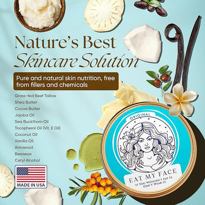 Eat My Face Tallow Face Moisturizer - Beef Tallow for Face Neck & Body, Beef Tallow Moisturizer, Organic Beef Tallow Face Cream, Grass Fed Beef Tallow for Skin, Made in USA - Tallow Cream, 4.0 fl oz