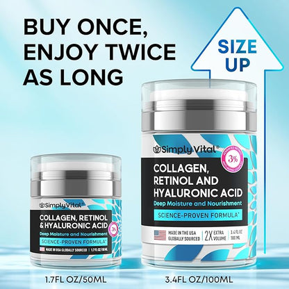 SimplyVital Collagen, Retinol & Hyaluronic Acid Cream - Anti-Aging Retinol Cream for Face, Neck & Décolleté - Made in USA - Daily Moisturizer Face Cream - 3,38 fl oz