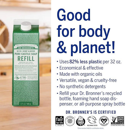 Dr. Bronner's - Pure-Castile Liquid Soap Bottle & Refill Carton Made with 82% Less Plastic (Almond, 32 oz) - Face, Body, Hair, Laundry, Dishes & More, Super-Concentrated, Organic, Vegan, Non-GMO