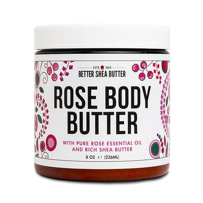Rose Body Butter for Dry Skin with Whipped Shea Butter and Pure Essential Oil | Ultra Hydrating Rose Lotion for Women | All Natural Moisturizer with No Synthetic Fragrances