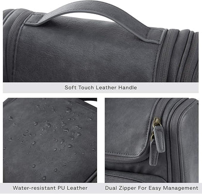 BAGSMART Hanging Toiletry Bag, Water-resistant Leather Dopp Kit, Large Travel Organizer for Full Sized Container, Grey